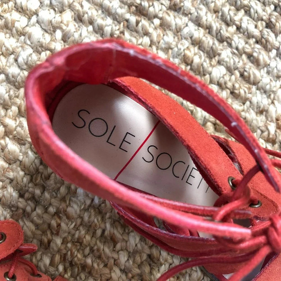 Sole Society Leigh Red Suede Lace Up Cutout Open Toe Sandals Heels Paprika 5.5 - Picture 2 of 6